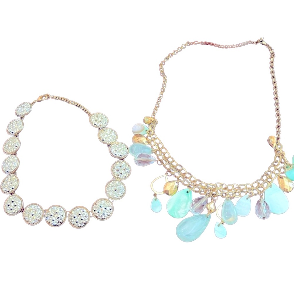 2pc set costume jewelry necklaces, one rhinestones, one blue beads.
